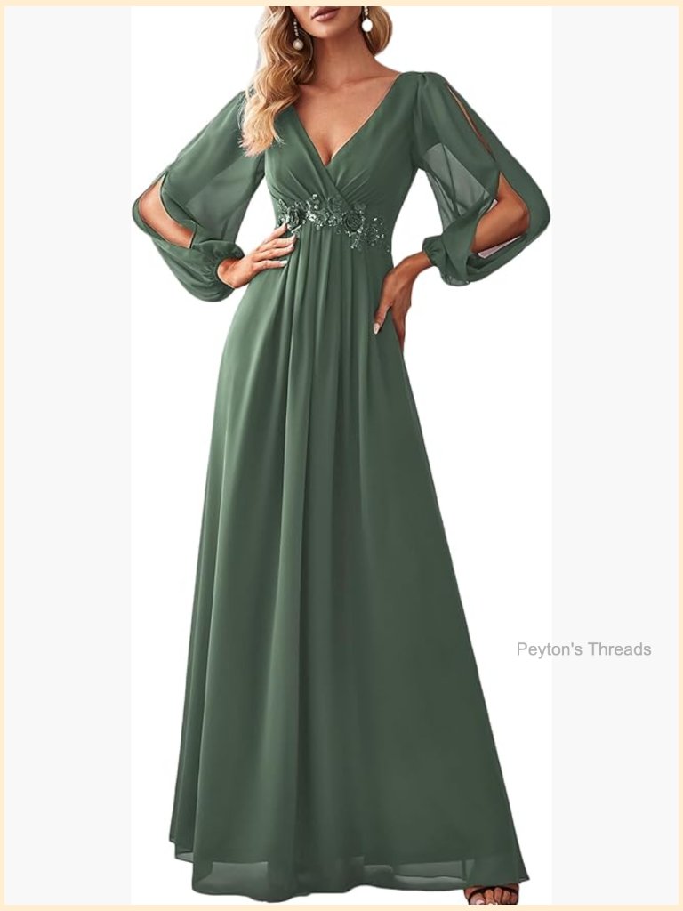 Chiffon V-Neck Long Sleeve Floor Length A-Line Formal Evening Dress